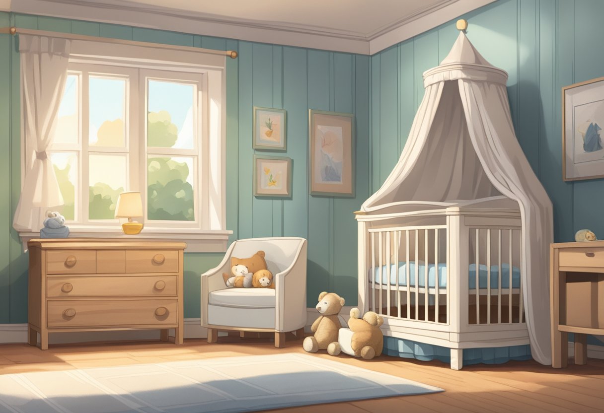 A bassinet sits empty next to a bed, with a folded blanket and stuffed animal nearby. The room is quiet and peaceful, with soft light filtering in through the window