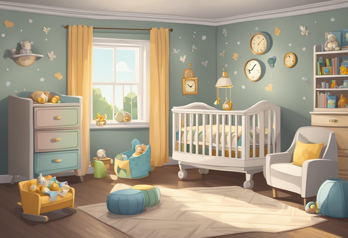 A bassinet sits empty in a cozy nursery, surrounded by toys and blankets. A clock on the wall shows the passing of time