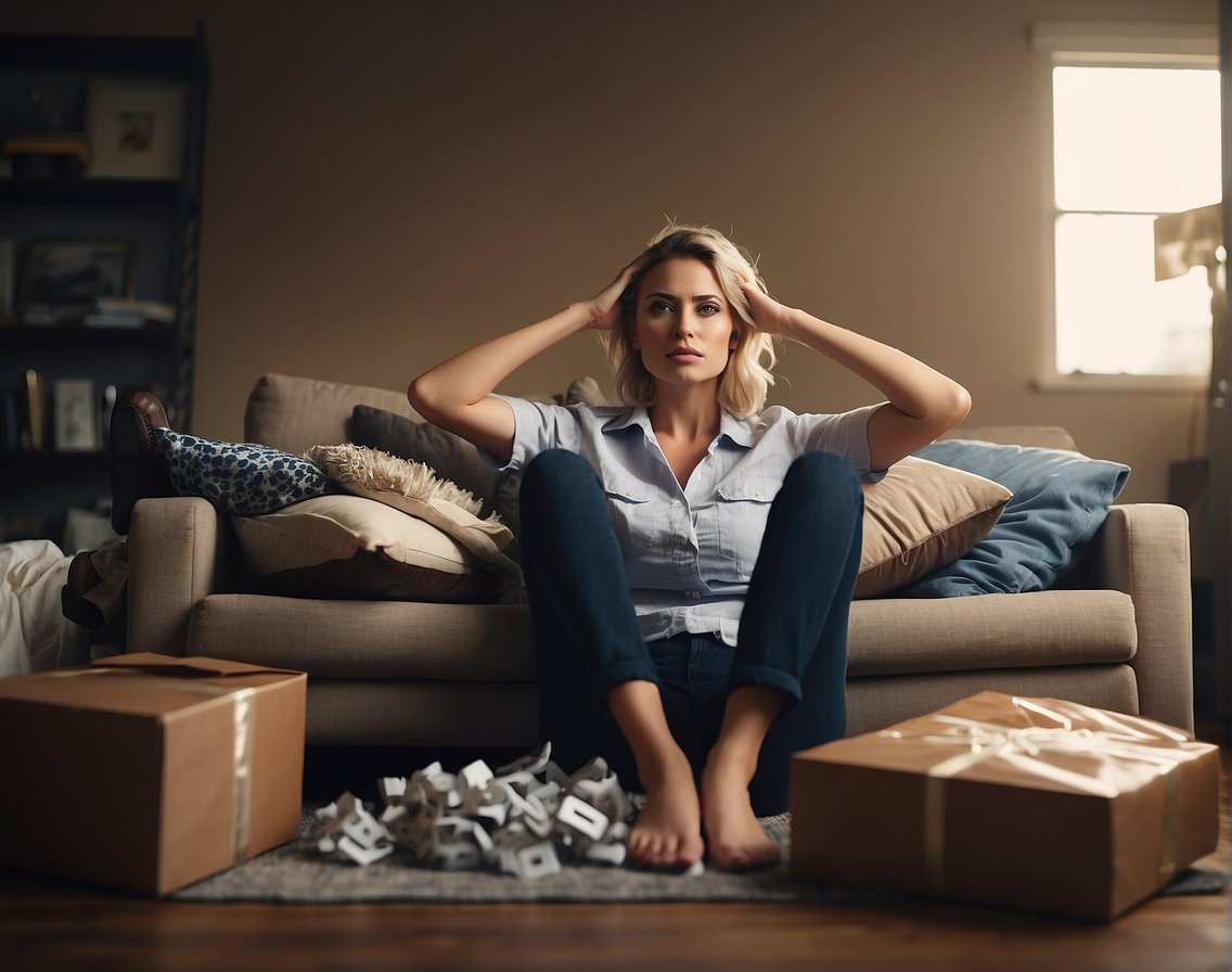 A woman sits on a couch, surrounded by scattered items. She looks exhausted, with drooping shoulders and a tired expression