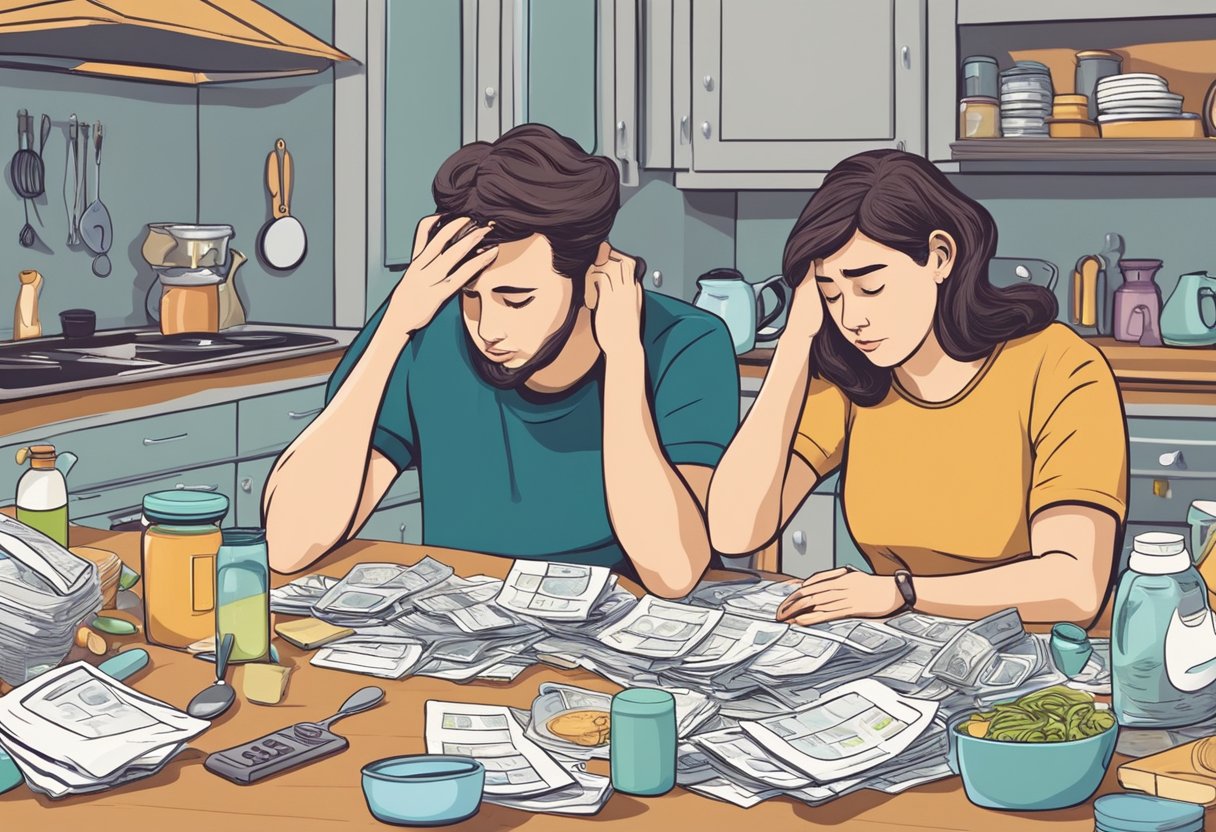 A worried couple sitting at a kitchen table, surrounded by bills and baby items, pondering the financial impact of having another baby