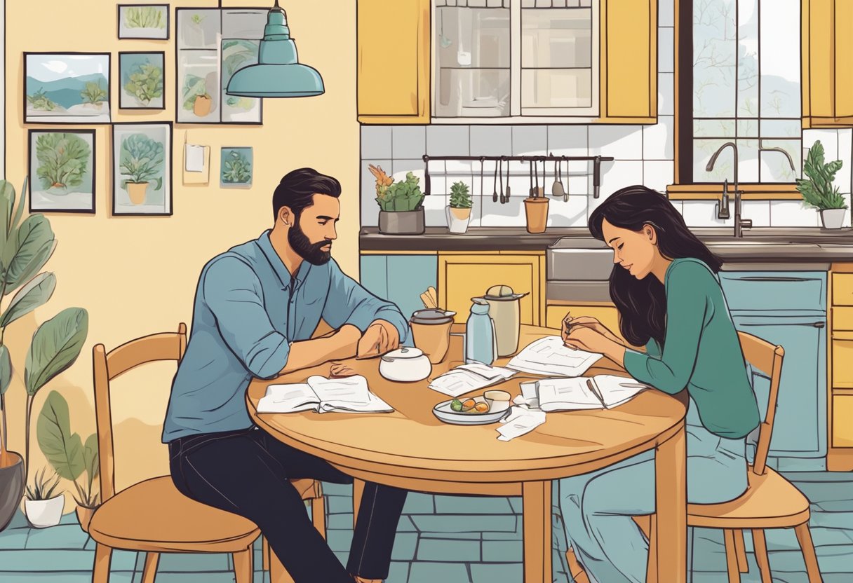 A couple sitting at a kitchen table, discussing the idea of having another baby. A calendar on the wall marks important dates. A thoughtful expression on their faces