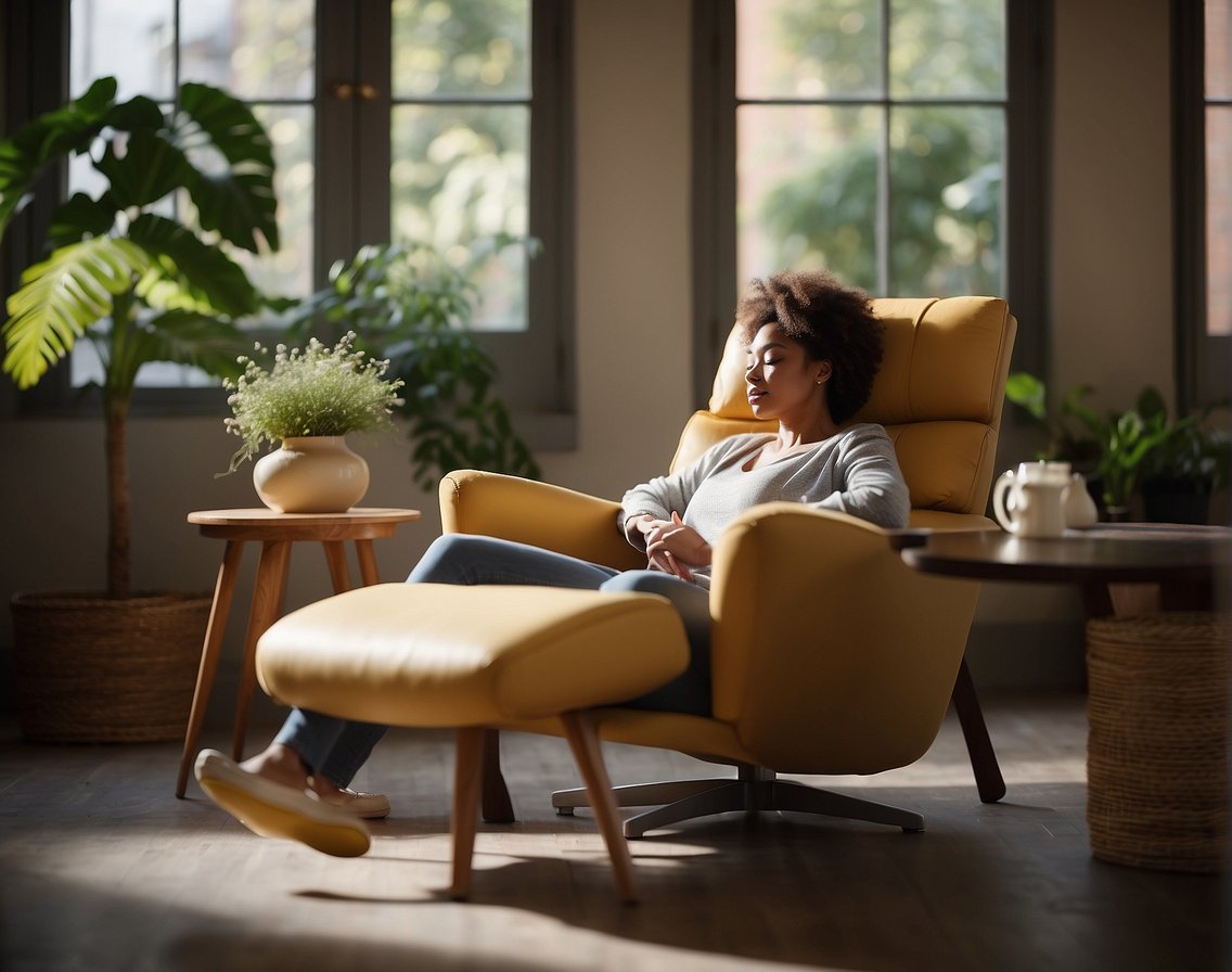 A woman rests on a comfortable chair, surrounded by calming colors and soft lighting. She sips on a soothing herbal tea while engaging in gentle stretching exercises