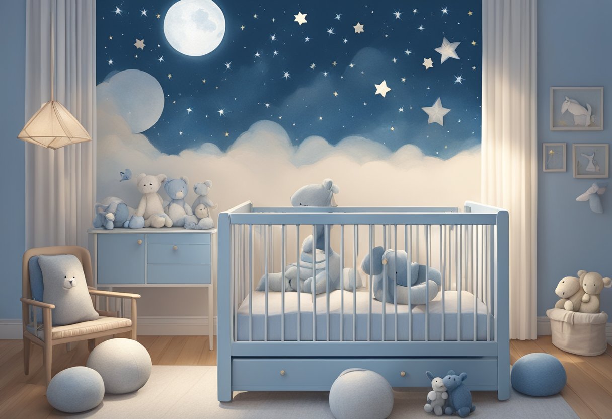 A serene nursery with a crib adorned in blue, soft toys, and a mobile of stars, as a mother gazes lovingly at her newborn son