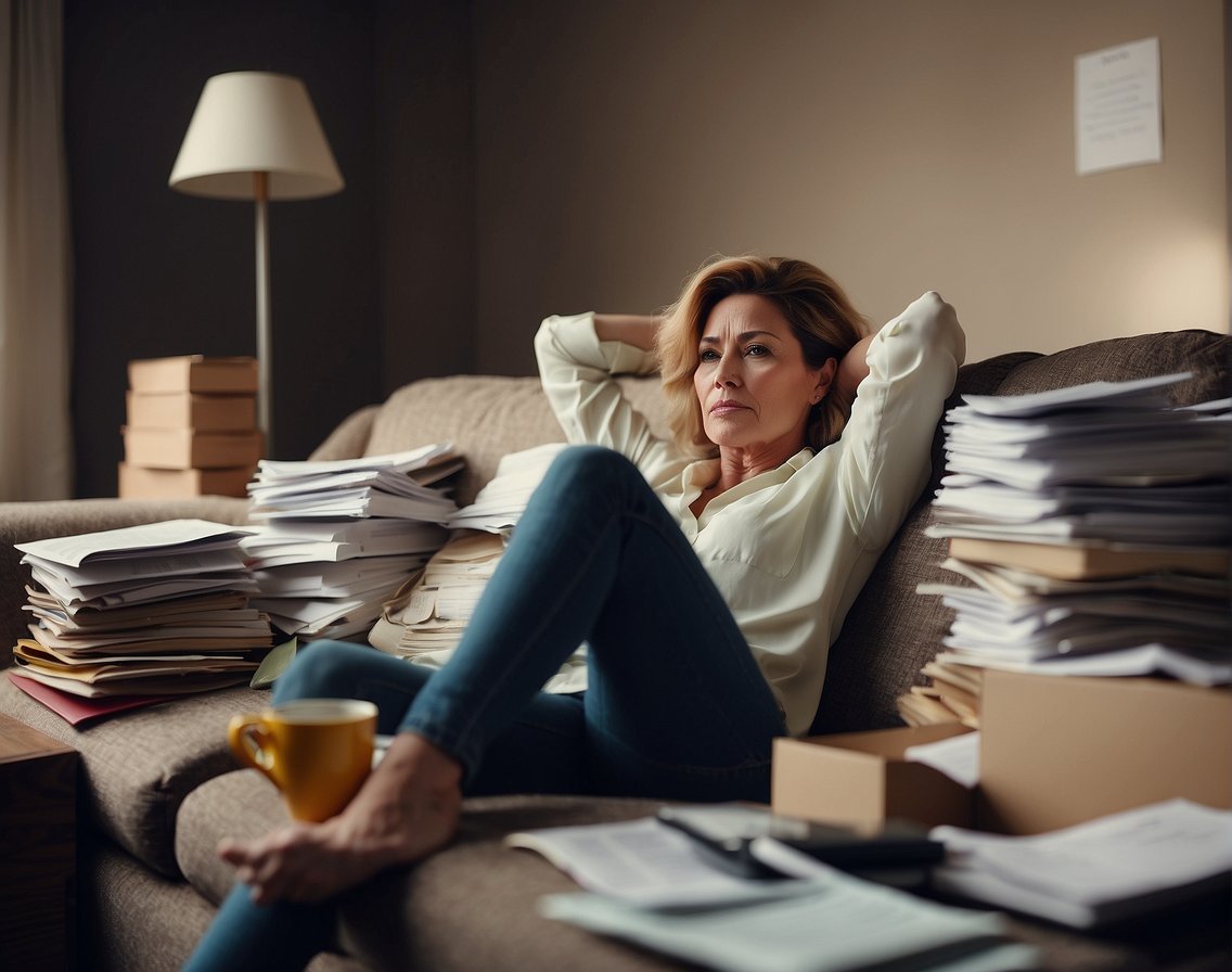 A woman resting on a couch with a tired expression, surrounded by scattered papers and a computer, symbolizing menopause fatigue