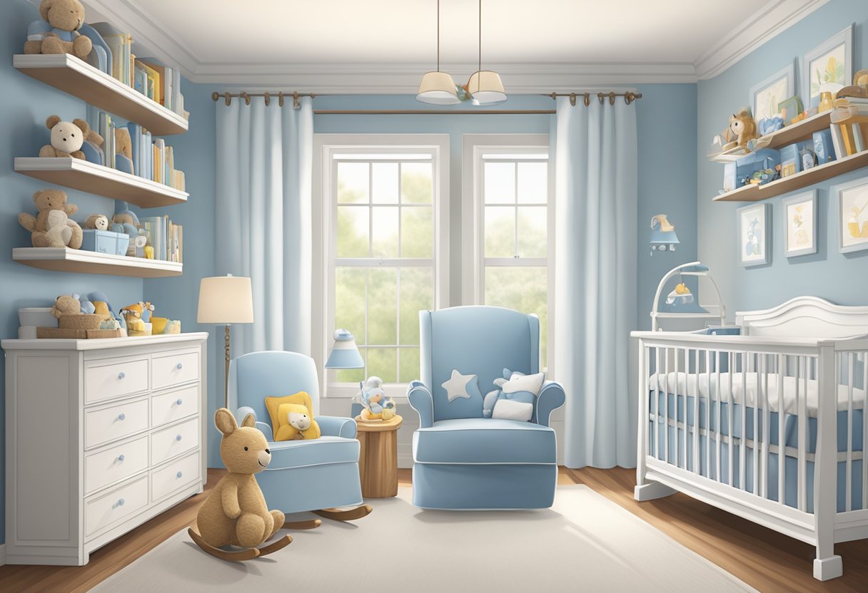 A baby boy's nursery with a crib, rocking chair, and soft blue and white decor. Toys and books are neatly organized on shelves