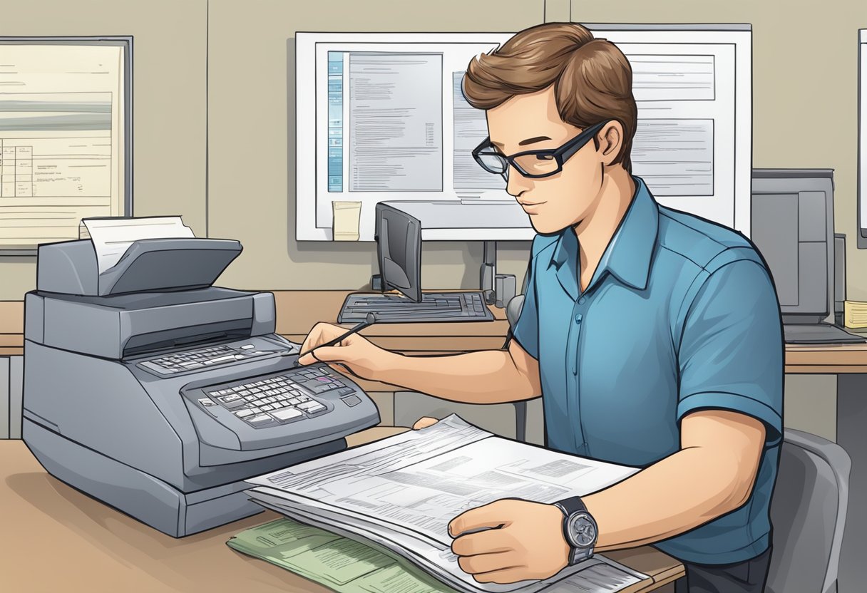 A clerk processes paperwork at a government office, inputting data into a computer system and printing out a birth certificate