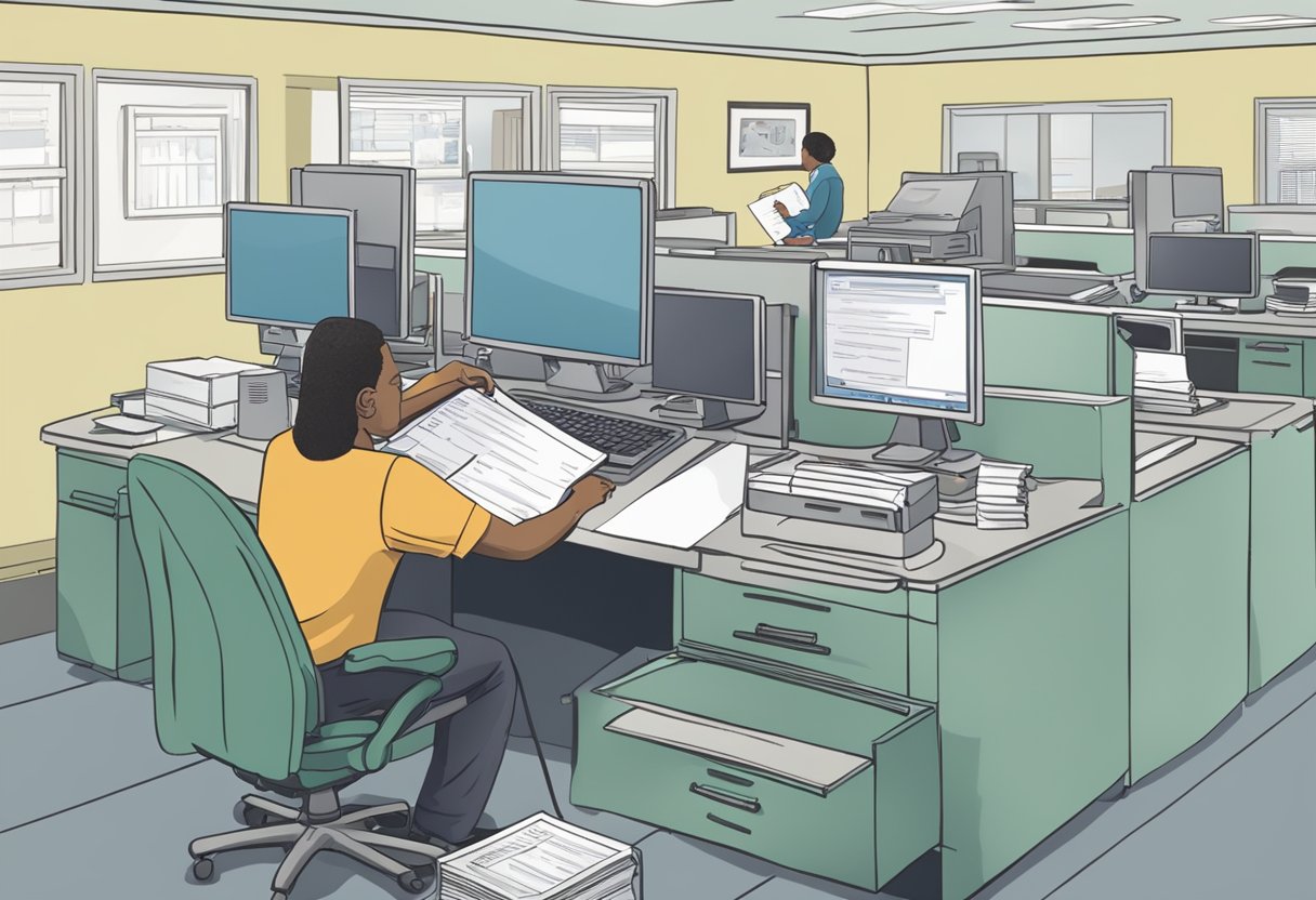 A government office worker enters data into a computer while another employee prints out a birth certificate