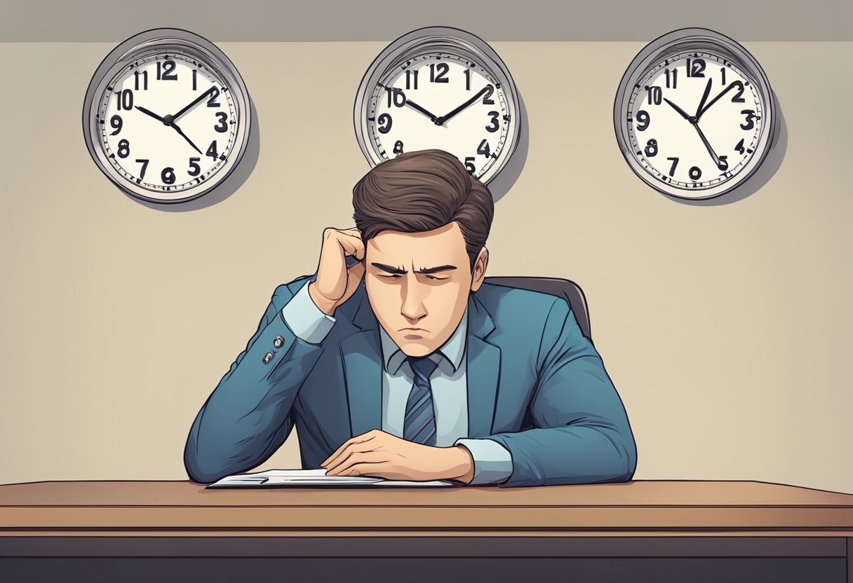 A person waiting in a government office, staring at a clock on the wall, with a frustrated look on their face