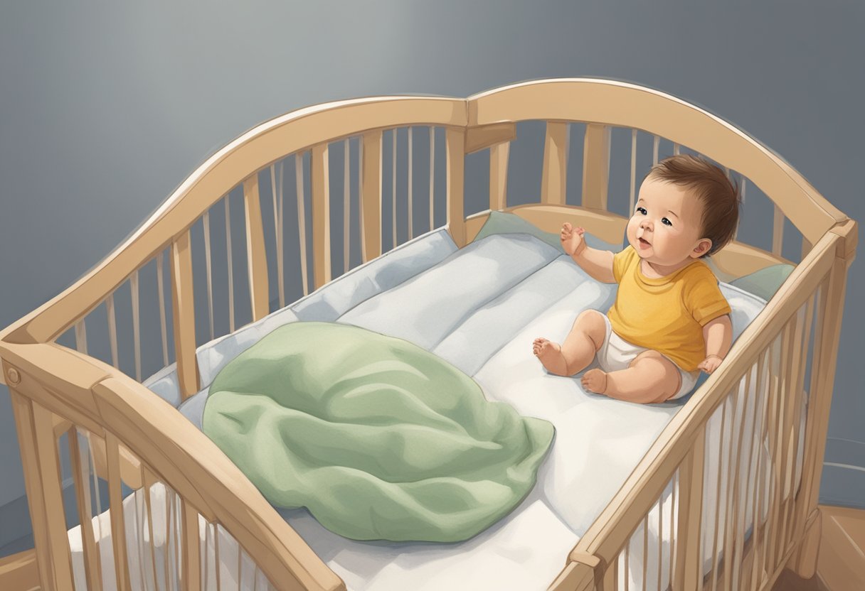 A baby sits in a crib, looking away as a figure calls out to them