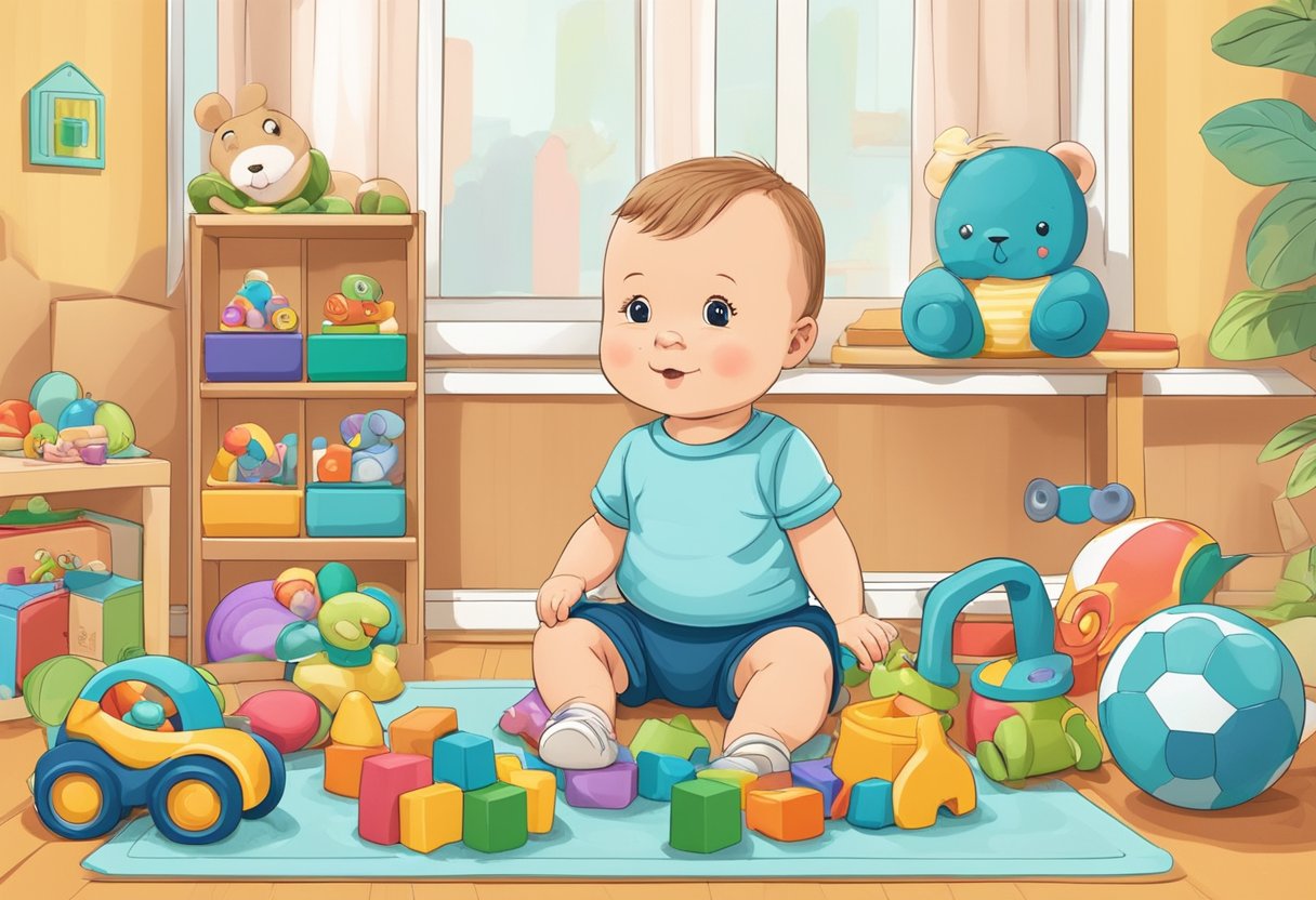 A baby sits in a room, surrounded by toys. The parent calls the baby's name, but the baby is focused on playing and does not respond