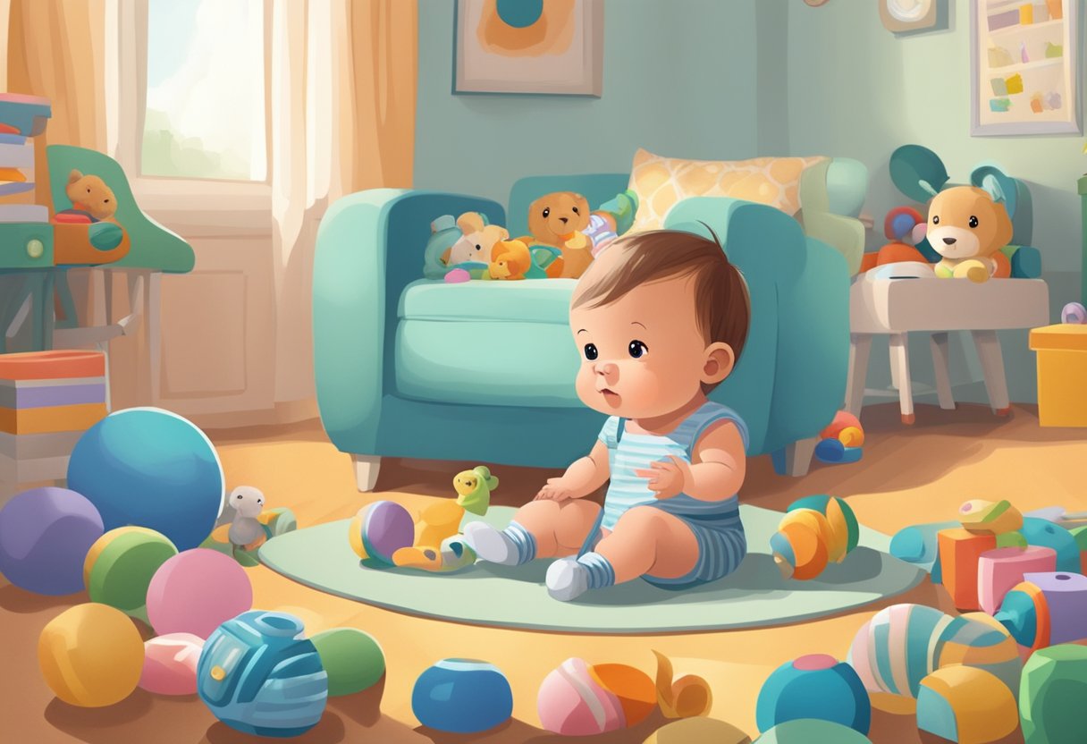 A baby sits in a room, surrounded by toys. The mother calls out the baby's name, but the baby is focused on playing and ignores her