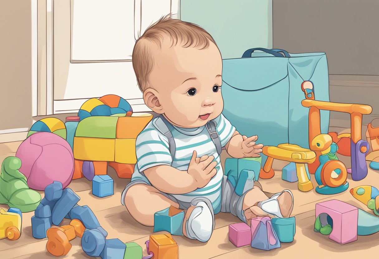 A baby sits on the floor, surrounded by toys. The parent calls the baby's name, but the baby appears focused on self-regulating and does not respond