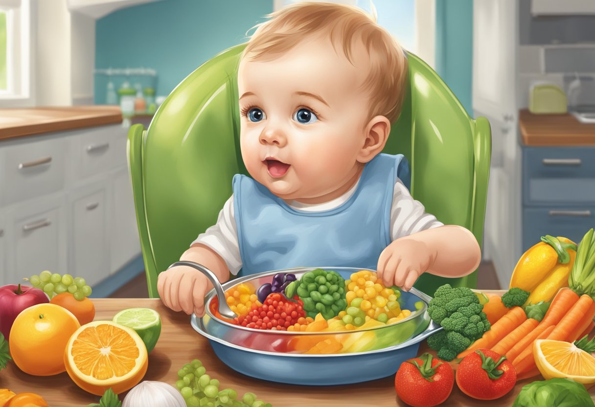 A spoon hovers over a high chair tray, filled with mashed fruits and vegetables. A curious baby gazes at the colorful assortment, ready to explore new flavors