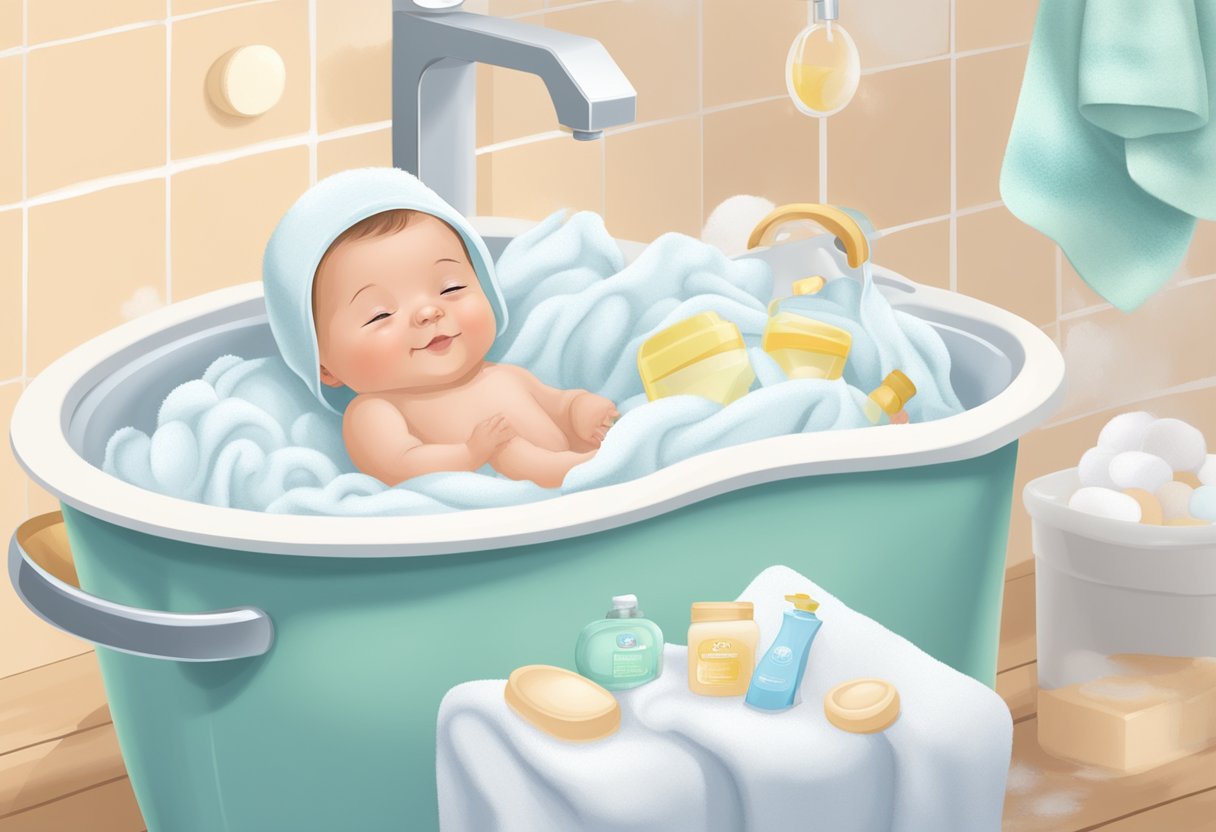 A newborn baby being gently bathed in a small tub filled with warm water, surrounded by soft towels and gentle baby wash products