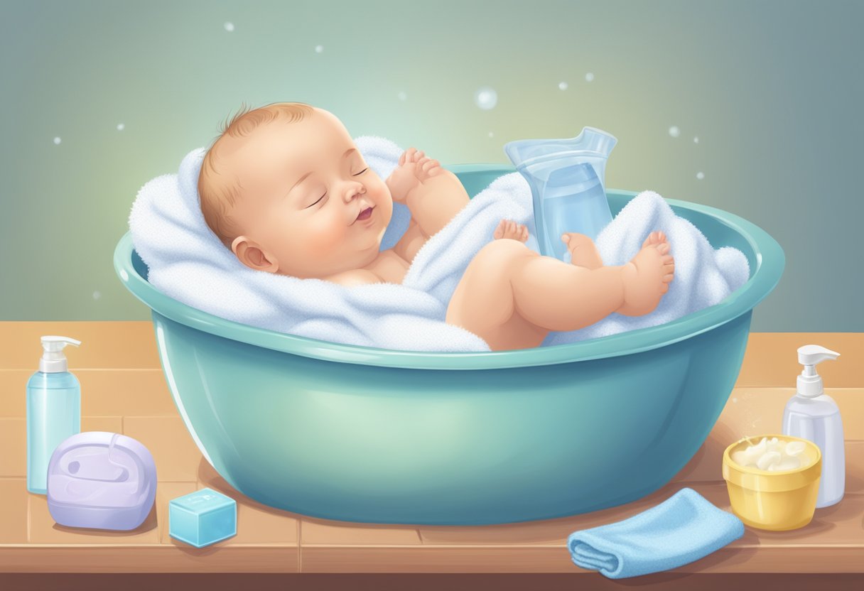 A newborn baby being gently bathed in a small tub, surrounded by soft towels and baby-friendly soap and shampoo