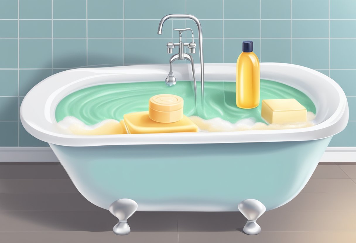 A clean bathtub filled with warm water, a fluffy towel, and a gentle baby soap bottle on the side