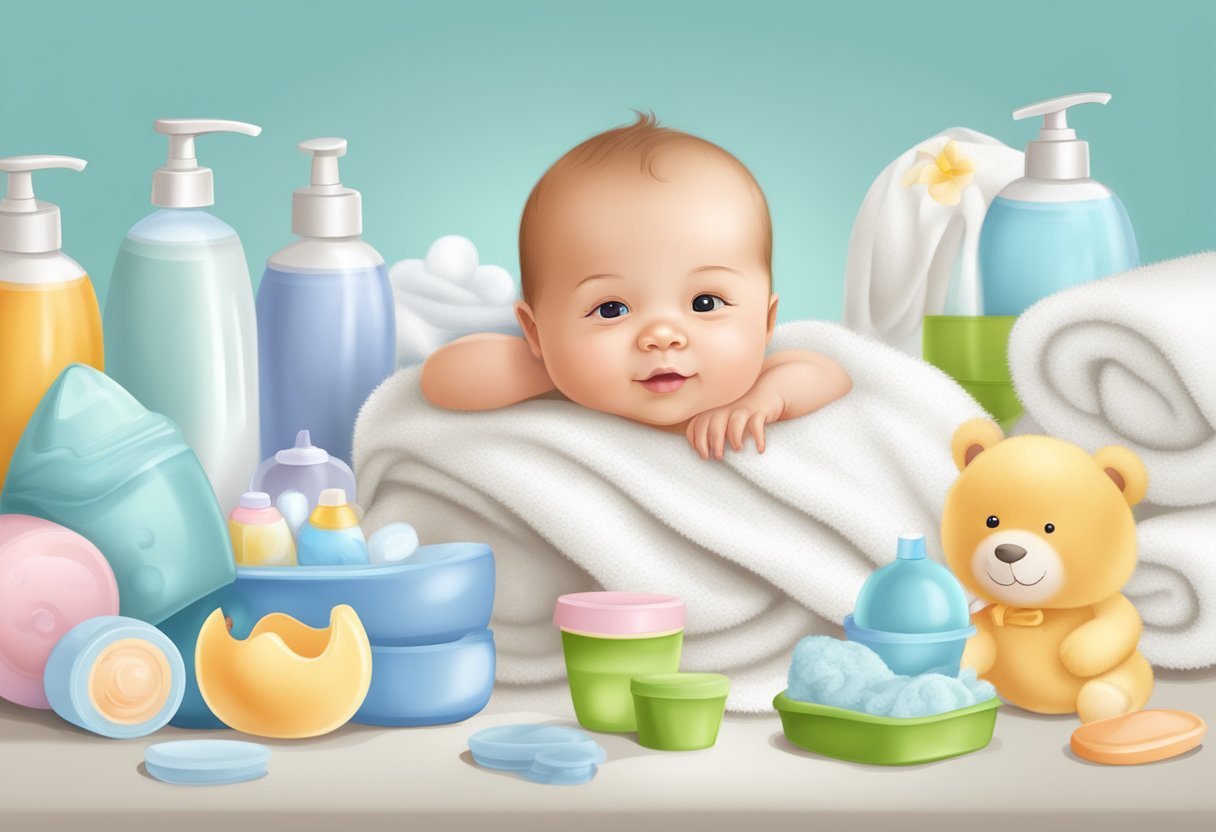 A clean newborn lies on a soft towel, surrounded by bath products and a fresh diaper