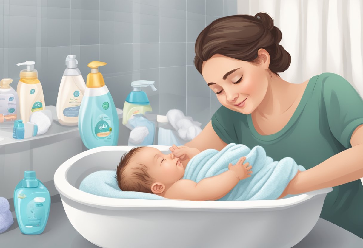 A newborn baby being gently bathed in a small tub, surrounded by soft towels and baby-safe products, with a caring adult overseeing the process