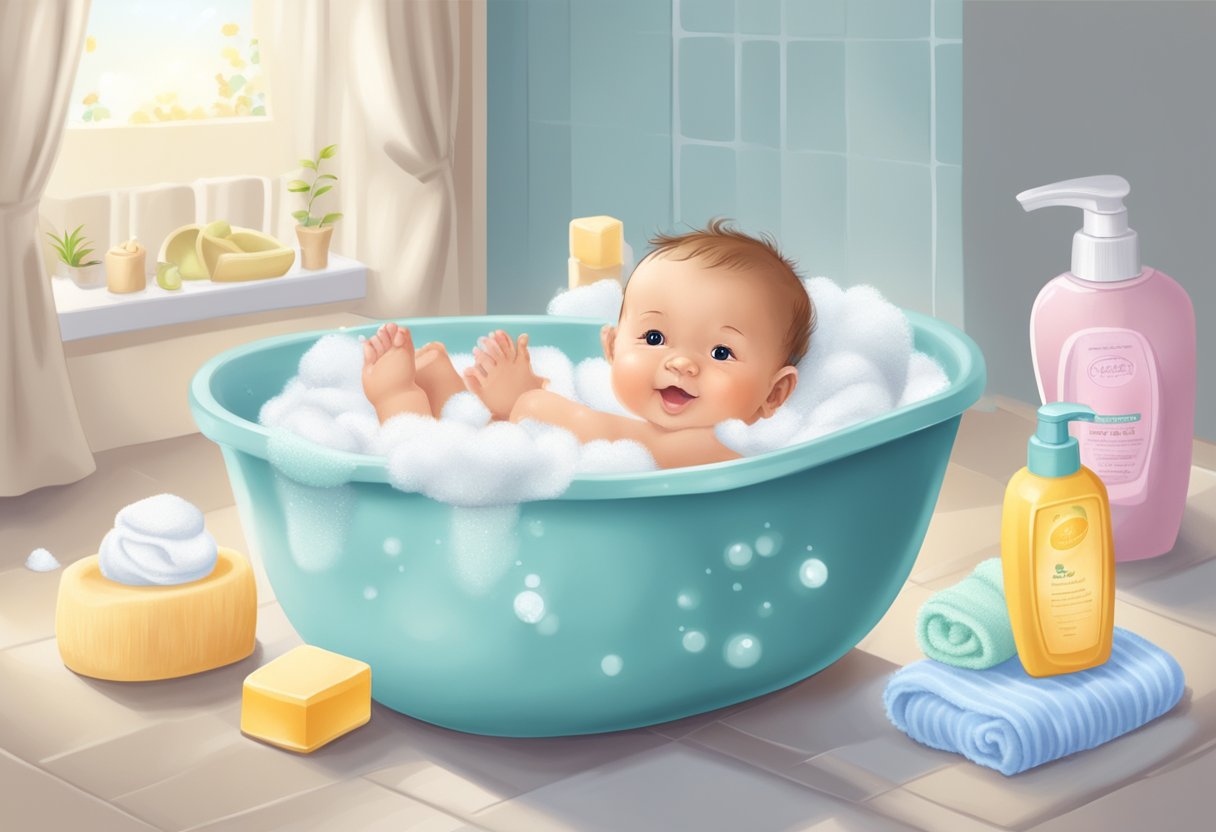 A newborn baby being gently bathed in a small tub, surrounded by soft towels and baby-friendly soap and shampoo