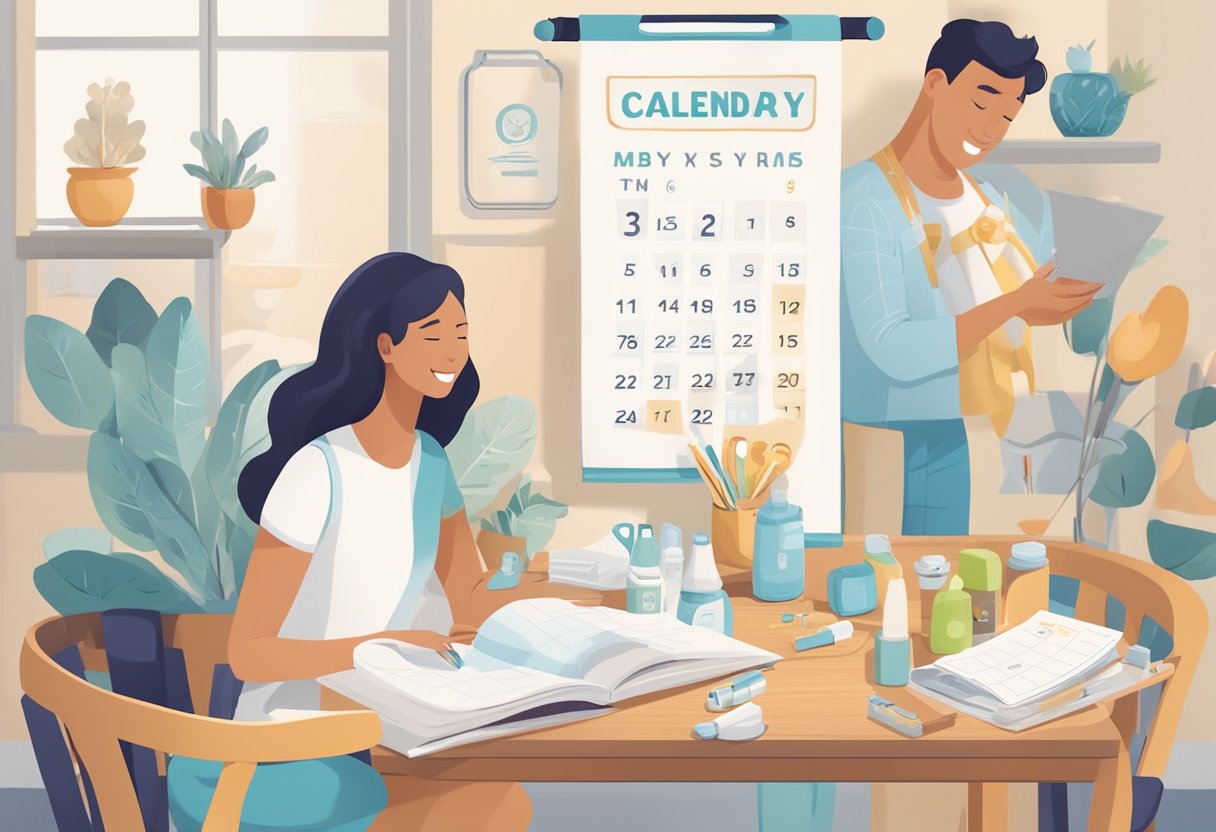 A calendar with a highlighted due date, a list of essential baby items, and a happy couple discussing and researching baby products