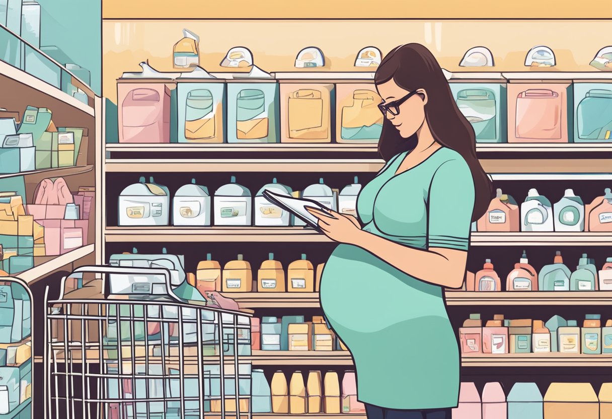 A pregnant woman browsing through baby essentials in a store, holding a checklist and comparing prices