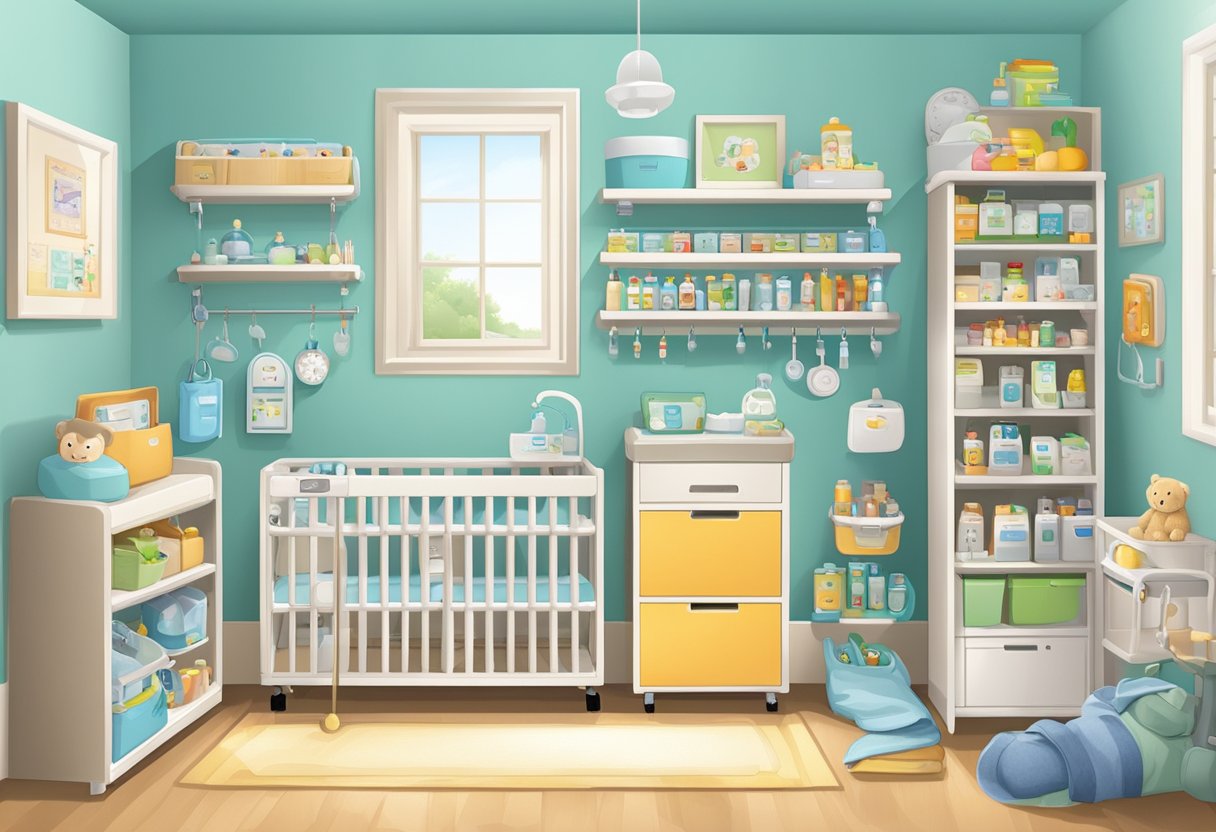 A nursery room filled with safety gates, cabinet locks, outlet covers, and baby monitors. A shelf displays baby thermometers, nasal aspirators, and baby first aid kits