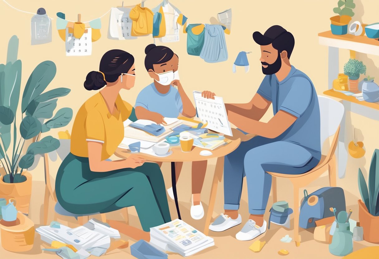 A couple sits at a table, surrounded by baby gear and a calendar. They discuss childcare and transportation plans for their upcoming arrival