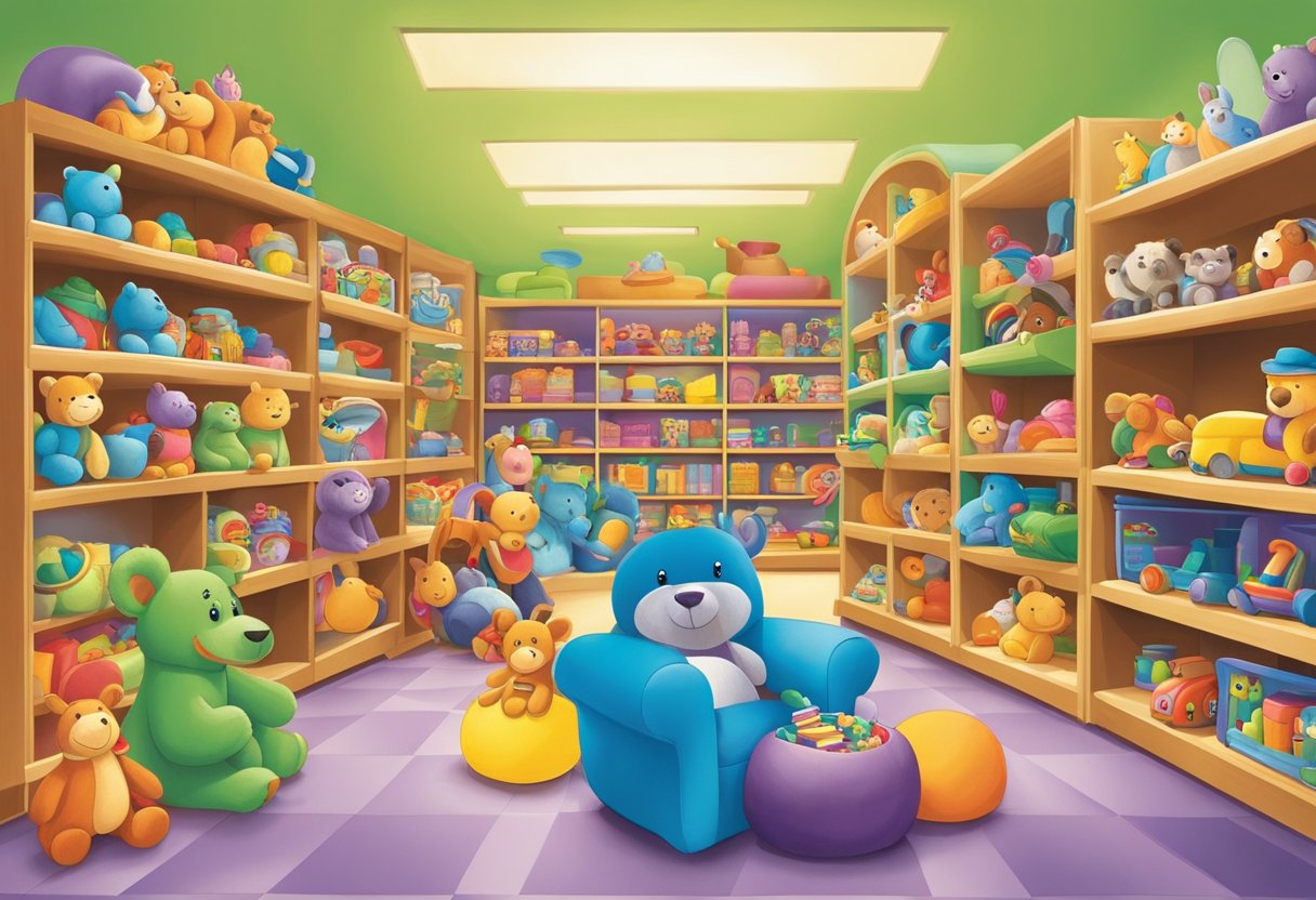 A colorful array of toys and entertainment items fill the shelves, from soft plush animals to interactive playsets, creating a playful and inviting atmosphere for young children