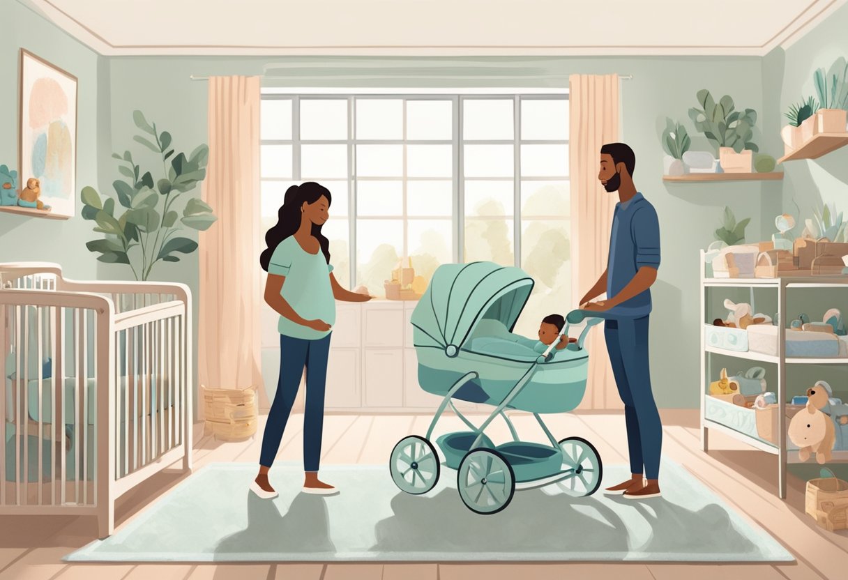 A couple stands in a nursery, surrounded by baby furniture and supplies. They discuss when to start buying items for their new arrival, creating a supportive atmosphere