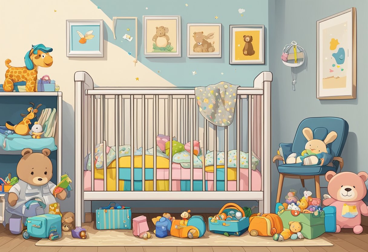 A baby crib surrounded by second-hand toys, clothes, and books. A pile of gifted items sits nearby