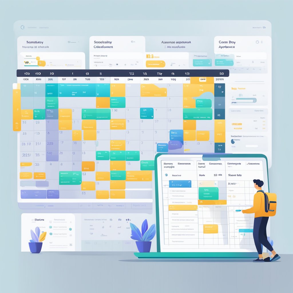 A digital calendar displaying optimized service schedules for various appointments, with AI algorithms running in the background