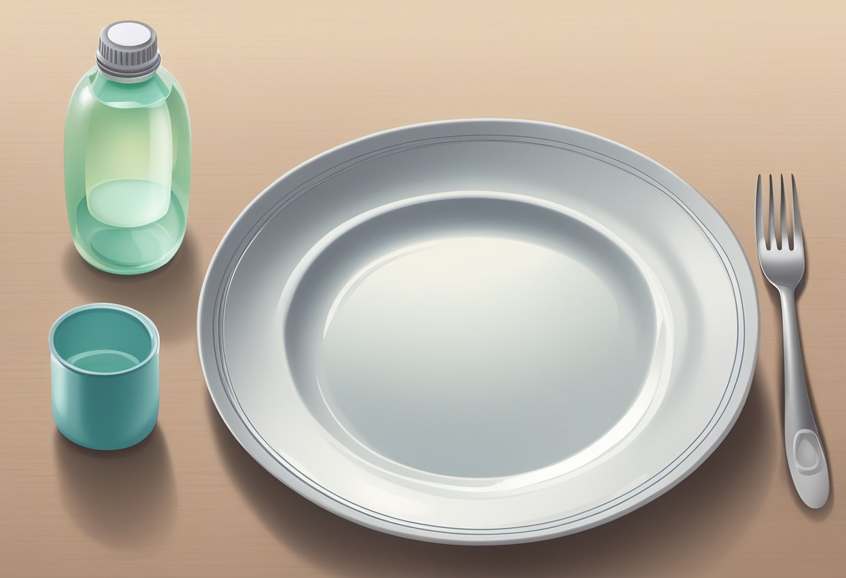 A pregnant woman's empty plate next to a baby's bottle