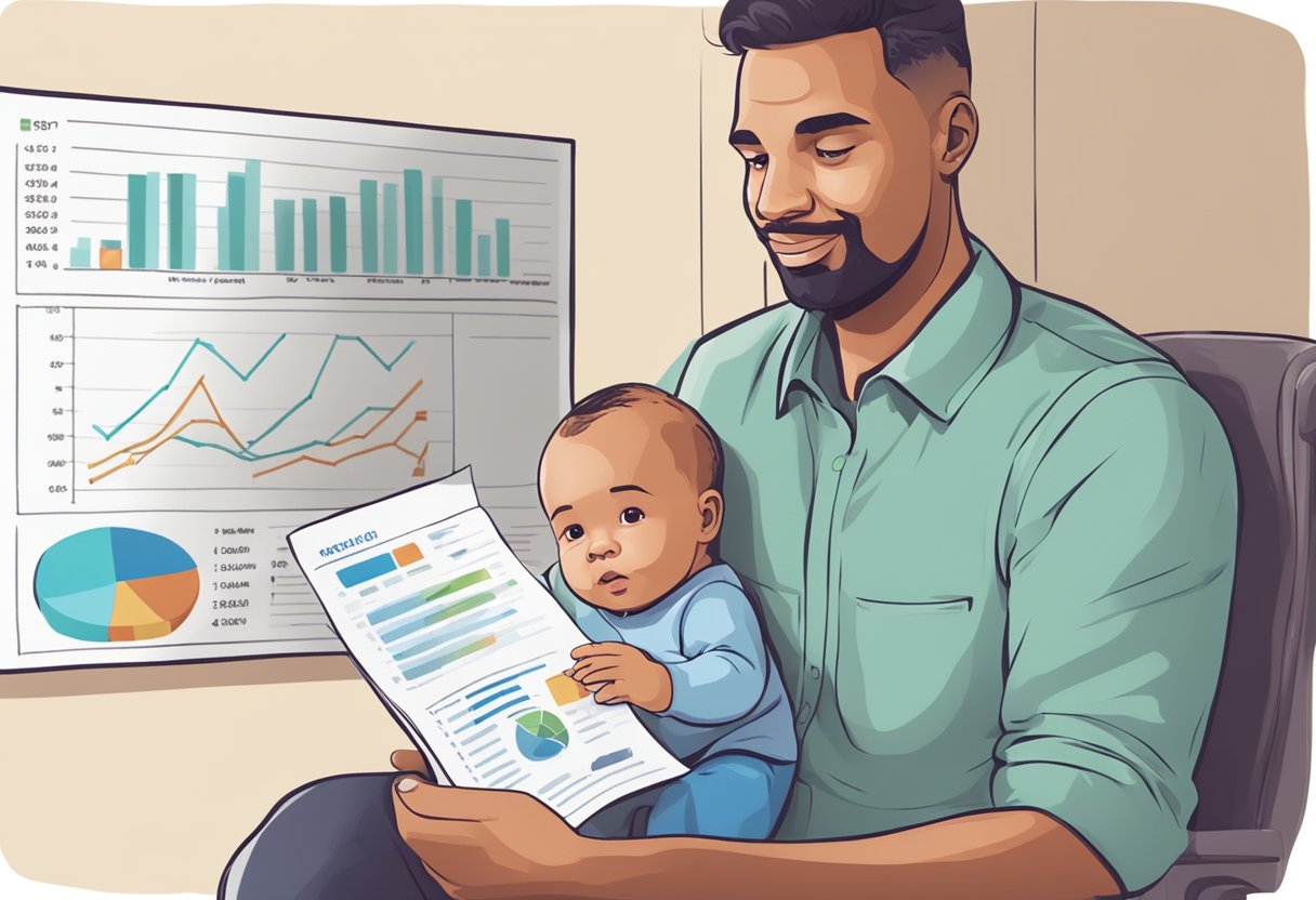 A father holding a baby while looking at a chart showing decreasing child support payments for his other child