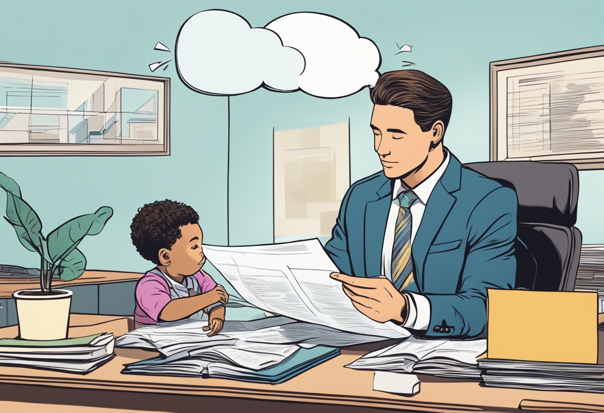 A lawyer sits at a desk, reviewing documents related to child support. A thought bubble above their head shows a father with a new baby