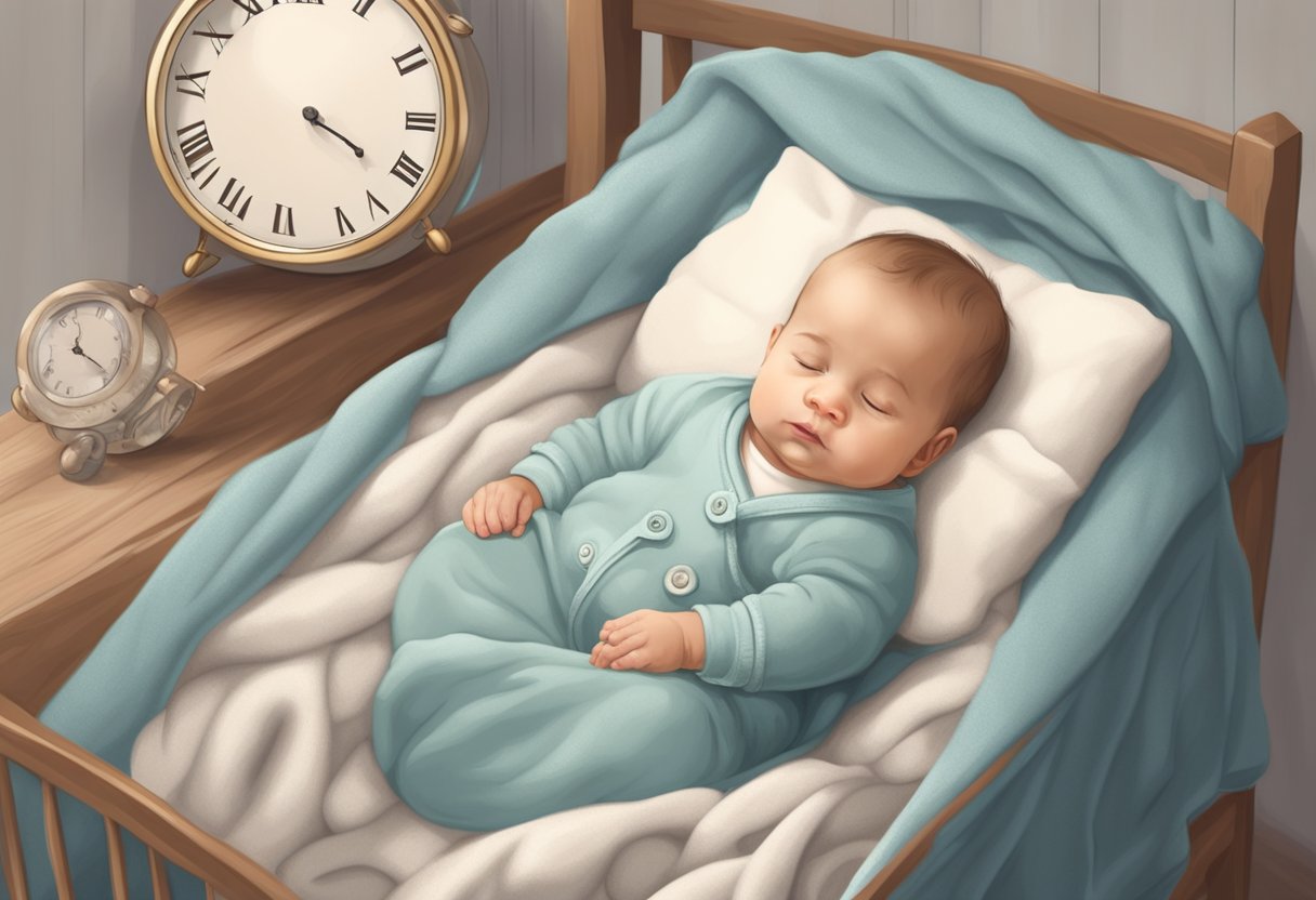 A baby lies in an unswaddled position, surrounded by soft blankets and pillows. A clock on the wall indicates the time for stopping swaddling