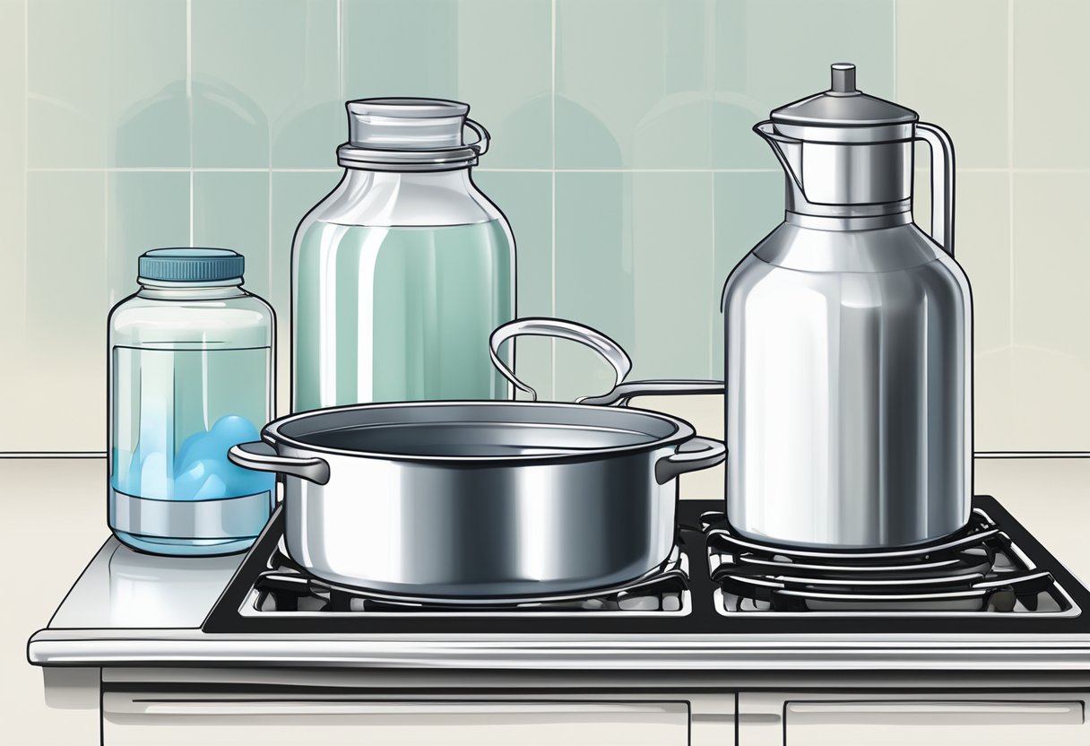 A pot of distilled water boils on the stove. A baby bottle and formula sit nearby, ready for preparation