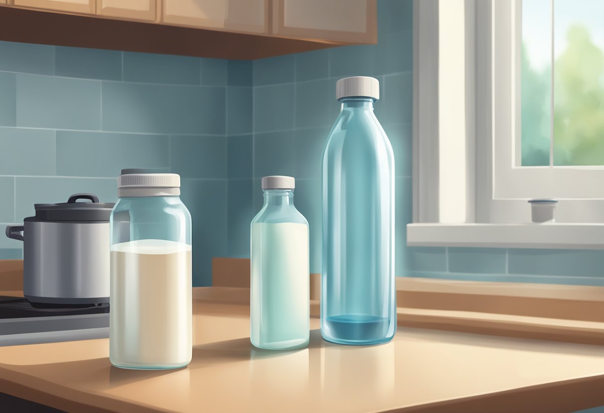 A clean, empty bottle sits on a sanitized surface. A small pot of distilled water boils on the stove. A container of powdered baby formula waits nearby