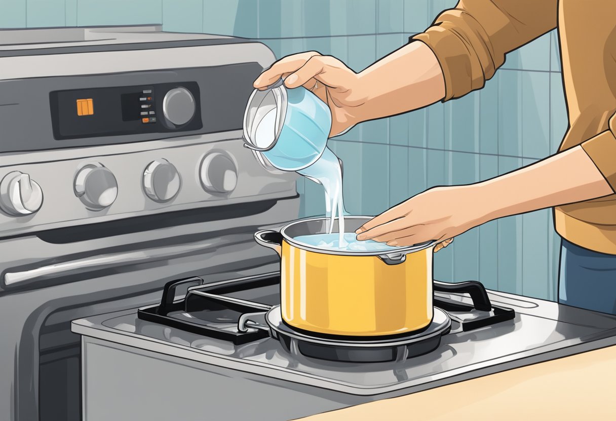 A person pouring distilled water into a pot on a stove to boil, with a baby formula container nearby