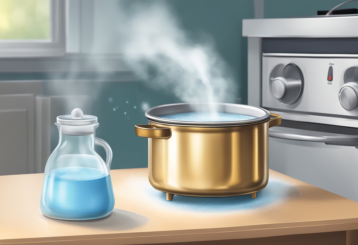 A pot of distilled water on a stove, with steam rising from it. A baby bottle and formula powder nearby