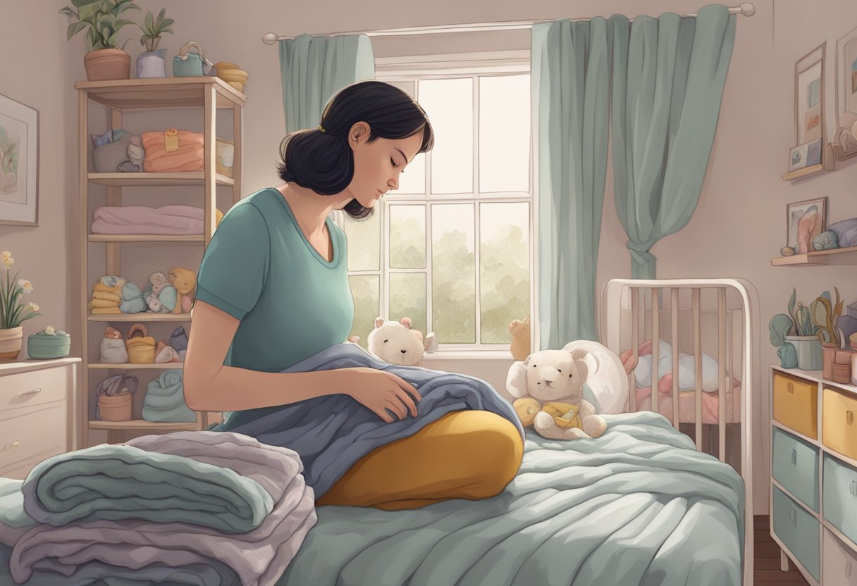 A woman gazes longingly at a nursery filled with soft blankets and tiny clothes, her hand resting on her belly