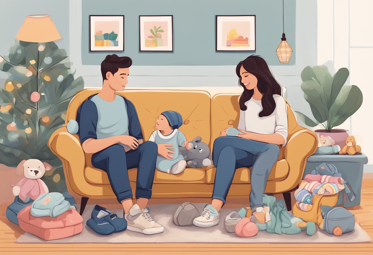 A couple sits on a cozy couch, surrounded by baby clothes and toys. They gaze lovingly at each other, pondering their deep desire for parenthood