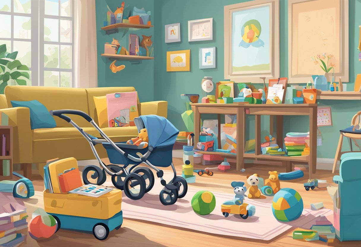 A cluttered living room with toys scattered around, a baby stroller parked in the corner, and a calendar marked with playdates and pediatrician appointments