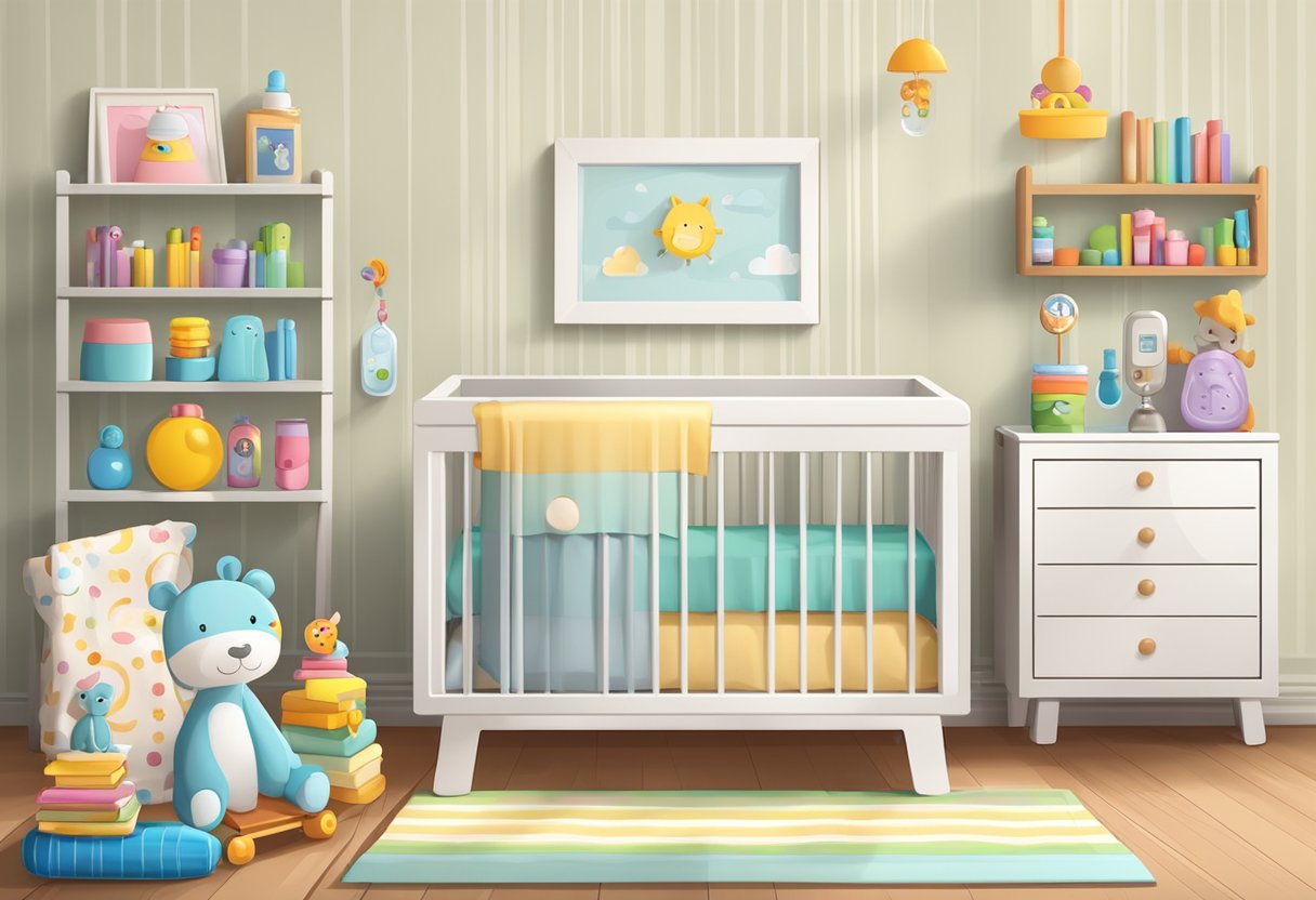 A baby mobile hangs above a crib, surrounded by colorful toys and books. A thermometer and baby bottle sit on a nearby table