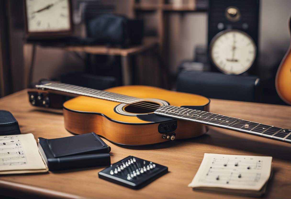 A Strinberg SD200C guitar resting on a wooden stand, surrounded by music sheets and a metronome on a cluttered desk