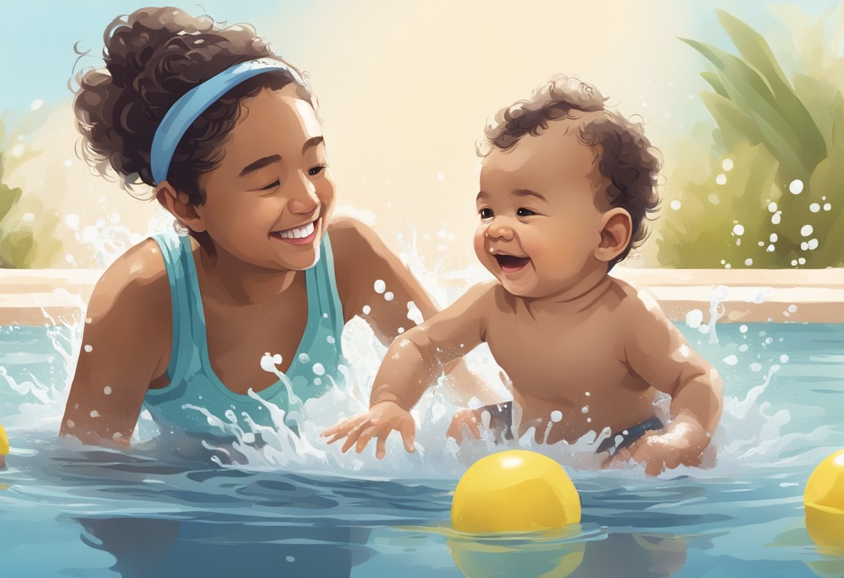 A baby happily splashes in a shallow pool, supervised by an adult