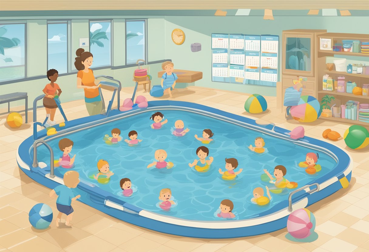 A baby pool surrounded by adults, with a sign reading "Water Safety for Babies" and a calendar indicating the appropriate age for babies to go in the pool