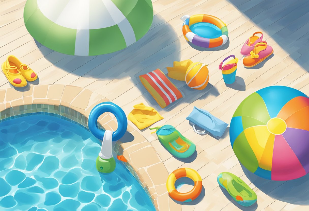 Children's pool toys scattered around a sunny pool deck, with a colorful floatie, sunscreen, and a towel laid out for a baby's first pool experience