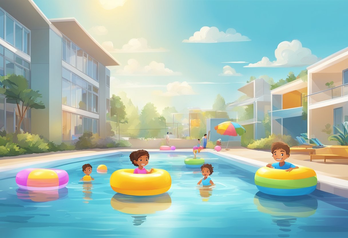 A calm pool with shallow, warm water. Surrounding area is child-friendly with safety measures. Bright, sunny atmosphere with colorful floatation devices