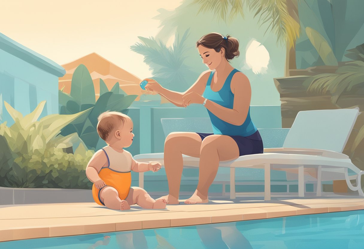 A baby in a swim diaper sitting by the edge of a pool with a parent holding their hand, while a lifeguard watches nearby