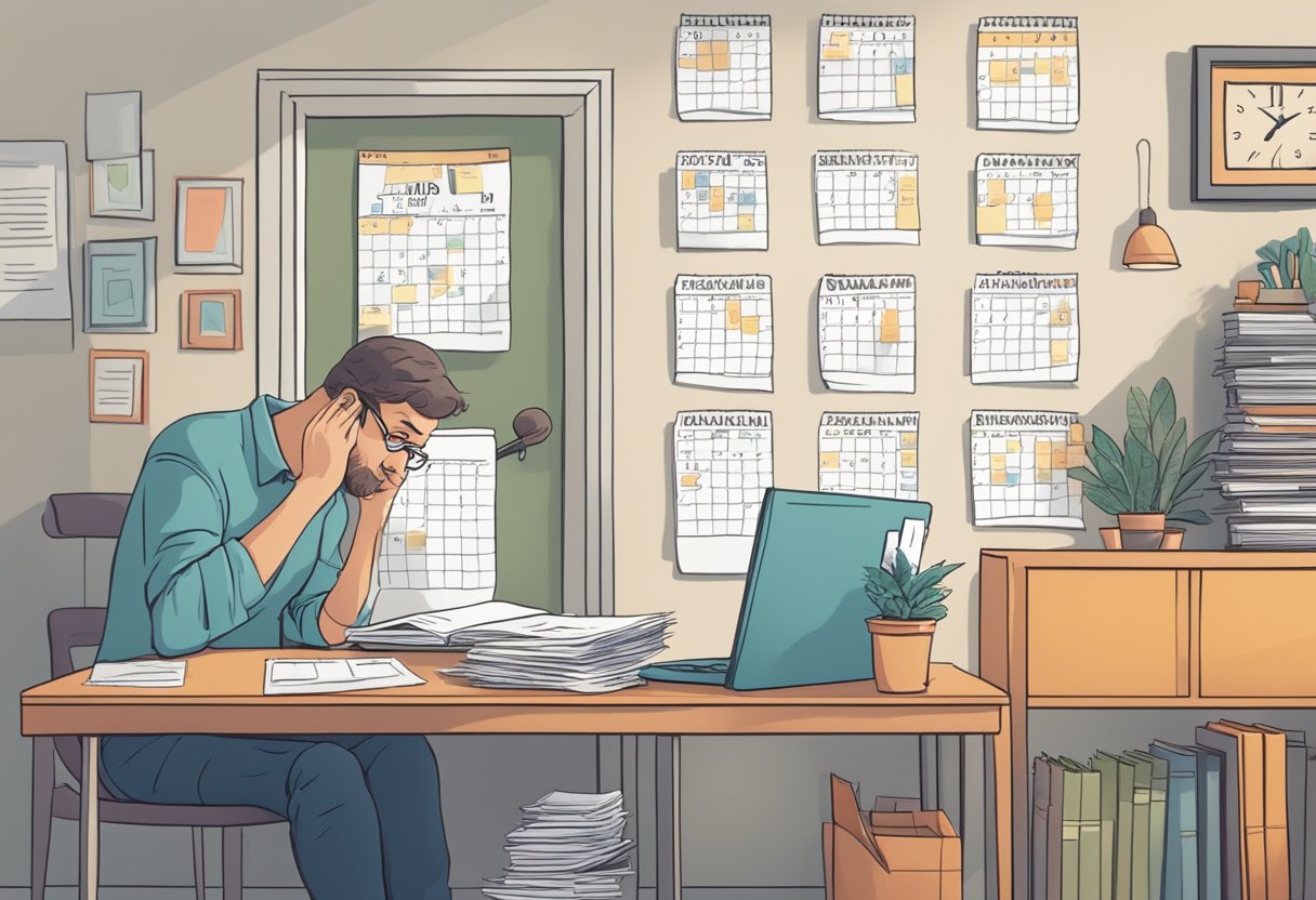 A worried parent frantically searches through paperwork while a calendar on the wall ominously counts down the 30-day deadline